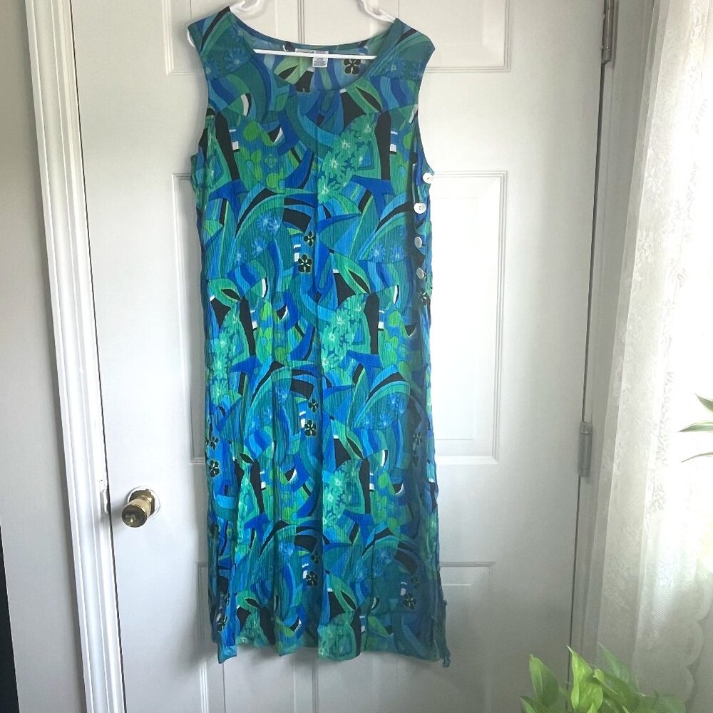 Vintage La Cera Hawaiin Blue and Green Tropical Print Midi Sundress Size Large